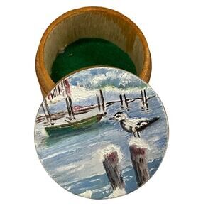 Vintage Wooden Trinket Box Hand Painted Top Round 2.25" Diameter